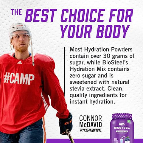 BIOSTEEL - BioSteel Hydration Mix – Fórmula sem açúcar com eletrólitos essenciais, reposição pós-treino, uva, 100 porções