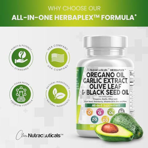 Clean Nutraceuticals - Óleo de Orégano 6000mg Extrato de Alho 4000mg Folha de Oliveira 3000mg Óleo de Semente Negra 3000mg – Suporte Imunológico