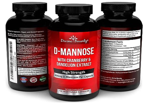 Cápsulas de D-Manose 600mg com Extrato de Cranberry e Dente-de-leão para Saúde Normal do Trato Urinário – 120 Cápsulas Vegetais - Divine Bounty