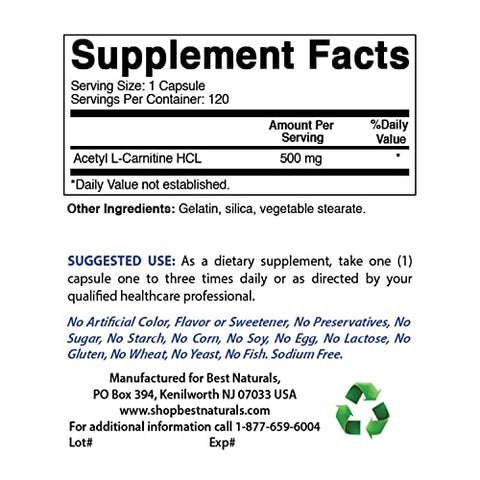 Best Naturals - Melhor Naturals Acetyl L-Carnitina 500 Mg 120 Cápsulas (Pack com 3) – Aumente sua energia e metabolismo