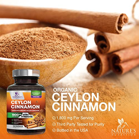 Nature's Nutrition - Cápsulas de Canela Pura Certificada Orgânica, Cápsulas de Canela Ceylon, Sem OGM, Sem Glúten, Sem Lactose, Suplemento em Pó de Canela do Sri Lanka, Melhores Vitaminas Veganas de Cinnamomum True