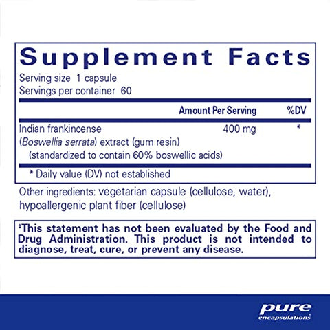 Suplemento Boswellia Pure Encapsulations – Saúde das Articulações, Trato Gastrointestinal | 60 cápsulas