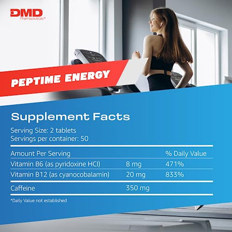 PEPTIME Energy - Tablets de Cafeína com Vitaminas B6 e B12, 350 mg de Cafeína por Porção, Suplemento para Desempenho Físico e Foco, 100 Unidades