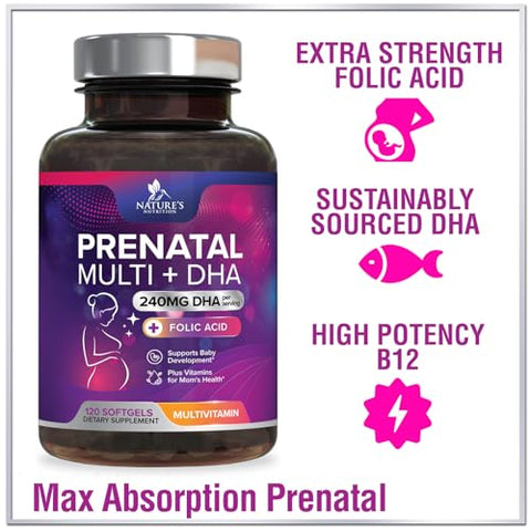 Nature's Nutrition - Multivitamínico Pré-Natal para Mulheres com Ácido Fólico DHA, Suplemento Vitamínico Pré-Natal para Suporte Fetal com Folato, Ômega 3, Vitaminas D3, B6, B12