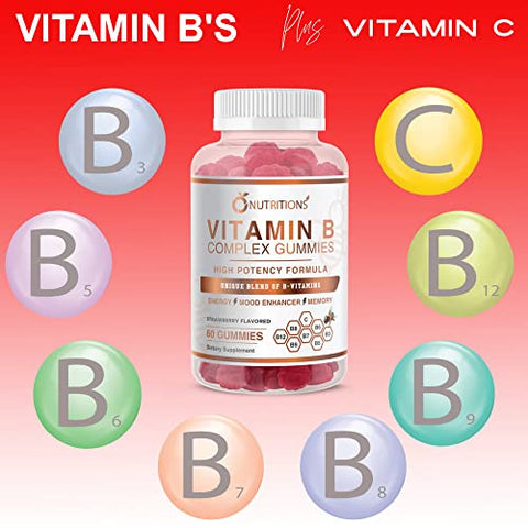 Gomas Veganas de Complexo de Vitaminas B com Vitamina B12, B7 como Biotina, B6, B3 como Niacina, B5, B8, B9 como Ácido Fólico para Estresse, Energia e Sistema Imunológico Saudável (1 Pacote) - O NUTRITIONS