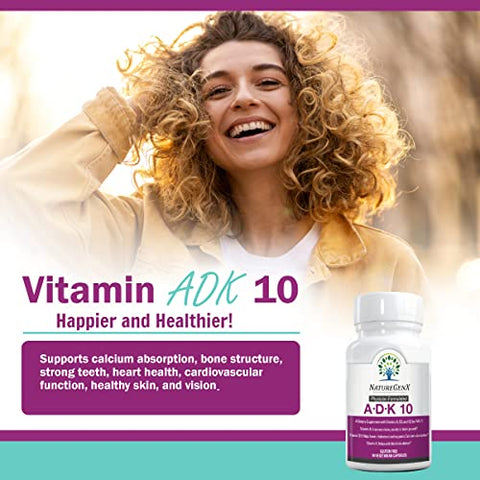 NatureGenX - Suplemento ADK 10 – Vitaminas A, D3 e K2 – Potente Vitamina D3 de 10000 UI com Vitaminas A e K2 para Saúde Óssea, Cardíaca e Imunológica – 90 Cápsulas Fáceis de Engolir (Fornecimento de 3 Meses)