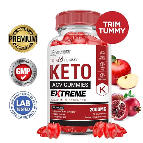 Justified Laboratories - Trim Tummy Keto ACV Gummies Extreme 2000MG – 3 Pack | Gummies de Vinagre de Maçã com Romã e Beterraba | B12 Vegan Non GMO 180 Gummys