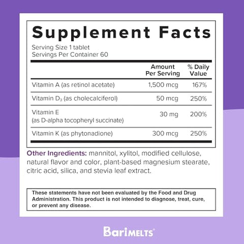 ADEK – 1 Mês de Suprimento (60 Comprimidos de Dissolução Rápida) – Vitaminas Pós-Operatórias para Bariátrica com Vitamina A, Vitamina D, Vitamina E e Vitamina K - BariMelts