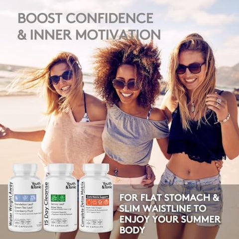 Youth & Tonic - 3pk Detox Cleanse Kick Off – Gerenciamento de Peso | Pílulas de Limpeza do Cólon para Perda de Água com Dente-de-leão ACV – Detox Completo com Probióticos | Para Barriga Lisa, Cintura, Metabolismo | Marca em Destaque