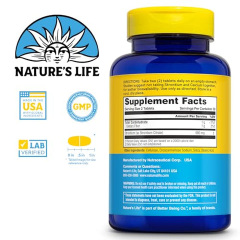 Nature's Life - NATURE’S LIFE Strontium Citrate 680mg – Suplemento de Estrôncio Quelato – Suporte a Minerais Traços – Alta Absorção, Digestão Suave, Garantia de 60 Dias, Verificado em Laboratório, 30 Porções