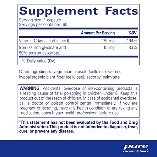 Iron-C – 15 mg Ferro – 175 mg Vitamina C – Suporte para Glóbulos Vermelhos* – Produção de Energia – Comprimido de Ferro Altamente Bioacessível – Livre de Glúten - Pure Encapsulations