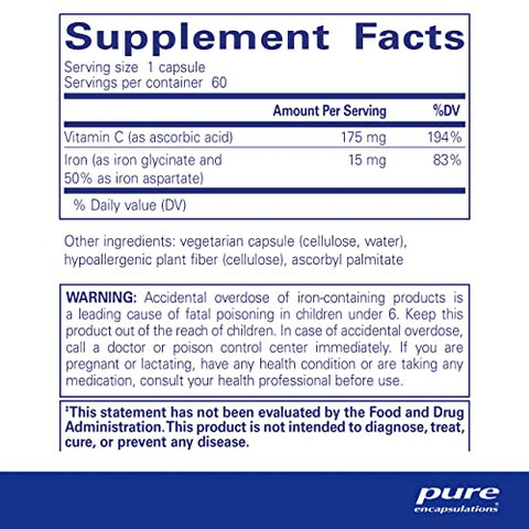 Iron-C – 15 mg Ferro – 175 mg Vitamina C – Suporte para Glóbulos Vermelhos* – Produção de Energia – Comprimido de Ferro Altamente Bioacessível – Livre de Glúten - Pure Encapsulations