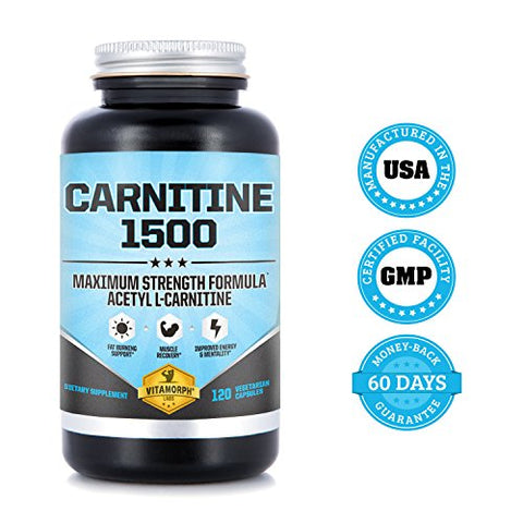 Vitamorph - Carnitina 1500 – Suplemento de Carnitina Acetil L-Carnitina 1500mg de Força Máxima – Suporta Energia, Memória, Foco e Gerenciamento de Perda de Peso – 120 Cápsulas Vegetarianas