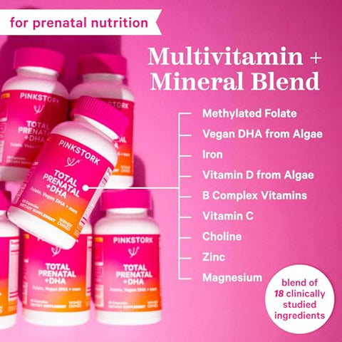 Vitaminas Pré-Natais Pink Stork Total com DHA, Ácido Fólico, Ferro, Colina e Vitamina B12 – Suporte ao Desenvolvimento Fetal e Gravidez – 60 Cápsulas