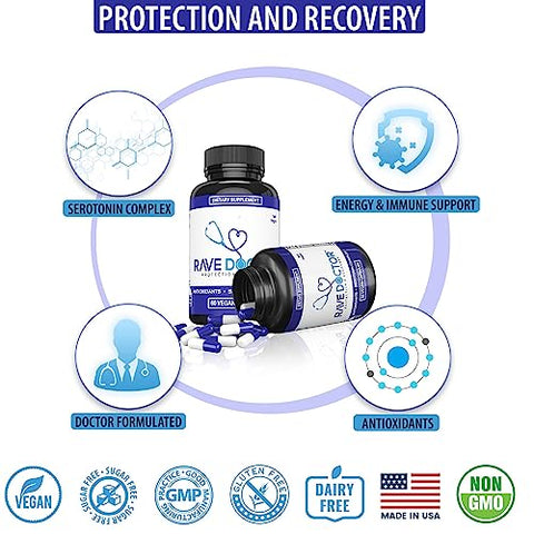 Suplemento Rave Doctor 5 HTP – Vitaminas Essenciais para Rave, Acessórios Rave, Essenciais para Festivais, Equipamentos para Festivais, Rave Essentials, Suplemento 5htp