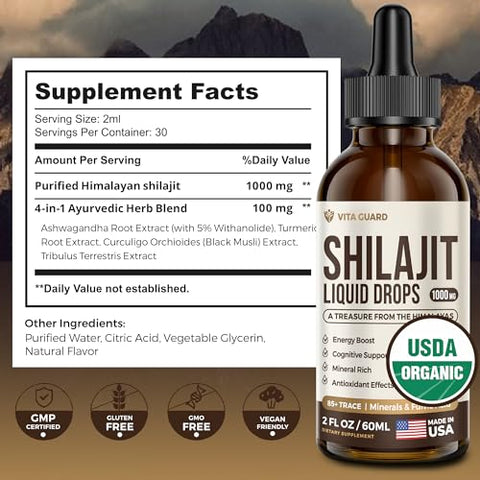 Vita Guard - 1000mg Shilajit Líquido Puro do Himalaia – Energia Orgânica – Marca Primeiro