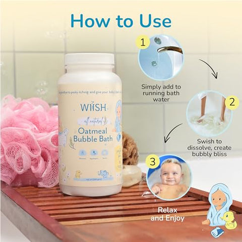 WIISH - Banho de Aveia para Bebês – Banho de Espuma para Pele Sensível com 30% de Aveia Coloidal | Extrato de Aloe Vera em Pó, Ingrediente Cicatrizante, Alivia Coceiras, Irritações e Ressecamento 16 oz (473 ml)