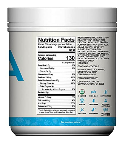 Proteína em Pó Orgânica à Base de Plantas, Sem Stevia, Baunilha, 550g, 15 Porções – Embalagem Pode Variar - ALOHA