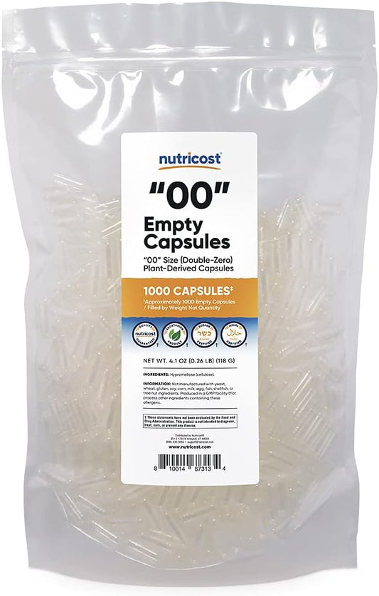Cápsulas Vazias Tamanho 00 Vegan – 1.000 Cápsulas Vegetais Transparentes – Certificado Kosher, Certificado Halal, Não-OGM, Livre de Soja, Livre de Glúten, Vegetariano - Nutricost