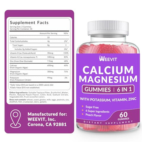 WEEVIT - Gomas de Cálcio Sem Açúcar 600mg, Gomas de Cálcio Magnésio Zinco com Vitamina D3, Potássio, Goma de Cálcio de Alta Absorção para Osso e Dentes