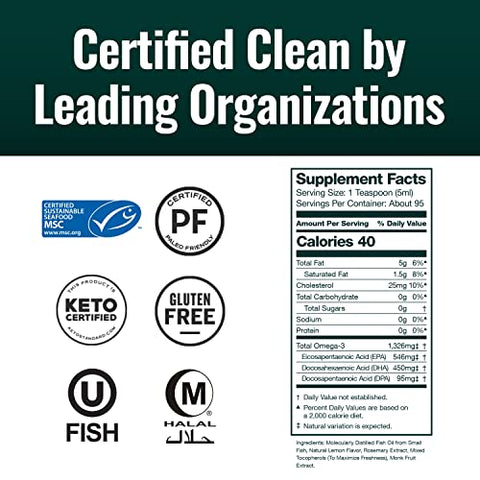 Óleo de Peixe Natural Force Pure Omega 3 – Sabor Delicioso de Bolo de Limão – Livre de Mercúrio, Capturado na Natureza, Testado em Laboratório – 1.326 mg de Triglicerídeo EPA, DHA – 125 ml