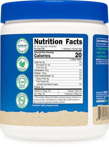 Pó de Abacaxi Orgânico Nutricost (227g) – Certificado Orgânico pelo USDA, Desidratado por Congelamento, Pó de Suco de Abacaxi, Sem Glúten