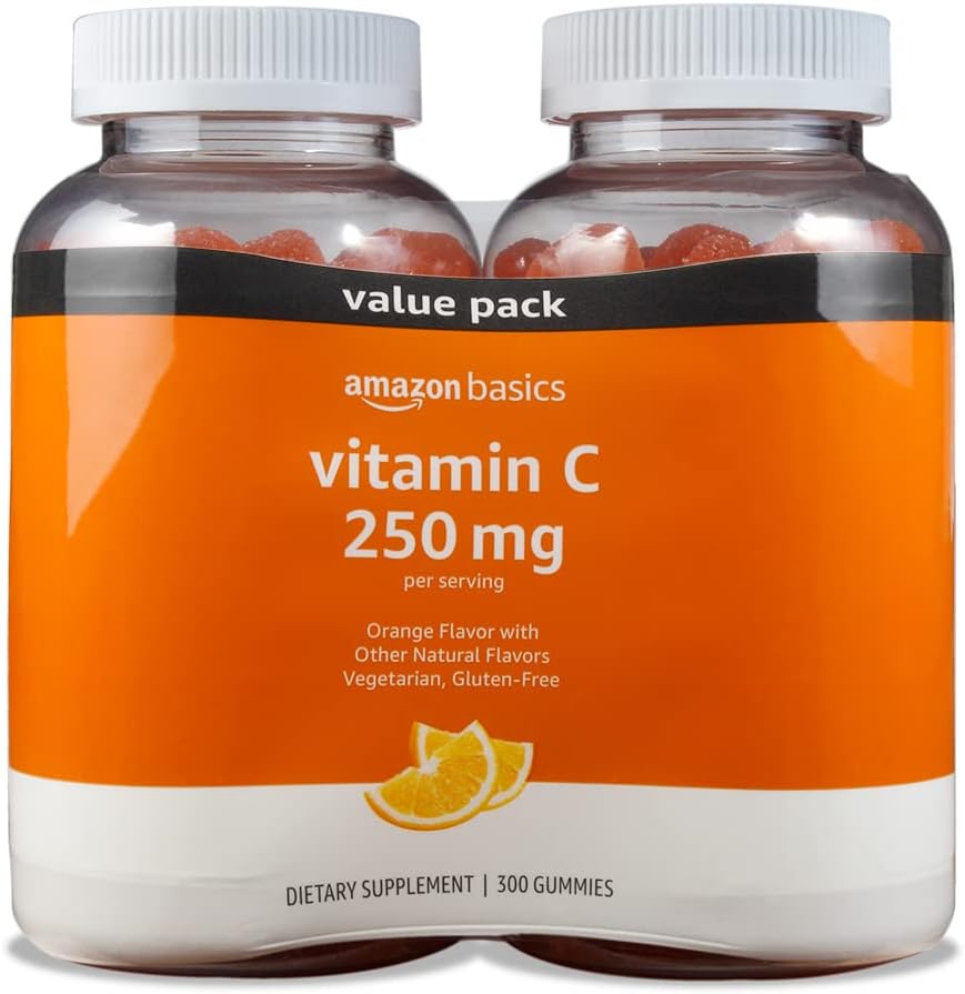 Gomas de Vitamina C 250 mg, Laranja, 300 Unidades (2 Pacotes de 150), 2 por Porção (Anteriormente Solimo) - Amazon Basics