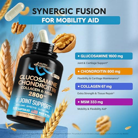 NUTRAHARMONY - Glucosamina | Condroitina | MSM | Colágeno – 2800 mg Suplemento de Suporte Articular – Fabricado nos EUA – Elegível para FSA HSA – Saúde da Cartilagem, Mobilidade