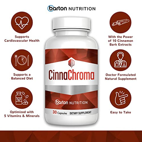 Barton Nutrition - CinnaChroma Cápsulas de Canela – Suplemento com Extrato, Picolinato de Cromo e Vanádio 30 VIT D3 K2 para Apoiar o Metabolismo e a Saúde Cardiovascular