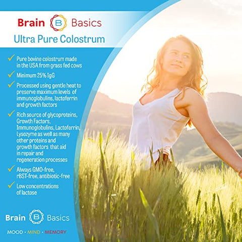 Brain Bean - Colostro Ultra-Puro Brain Basics, 4000mg por Porção, Mín 25%% de Anticorpos IgG, Saúde Intestino-Cérebro-Imunidade, Cabelos e Pele Radiantes. Pó de Colostro de Vacas Alimentadas com Grama. 360 Gramas