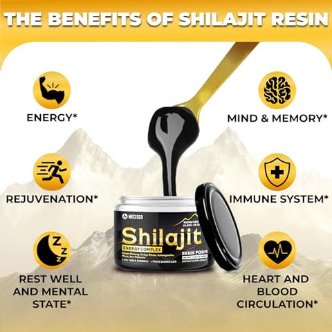 Mecisco - Resina Orgânica Pura do Himalaia Shilajit com Complexo Energético – Raiz de Panax Ginseng, Folha de Ginkgo Biloba | 100% Natural | 30g