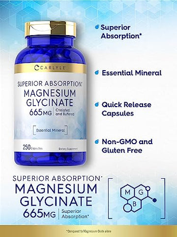 Magnesium Glycinate | 665 mg | 250 Cápsulas | Fórmula Livre de Transgênicos e Glúten | Suplemento Mineral Essencial Amortecido - Carlyle