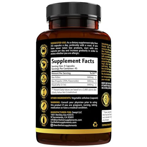 Earth Elixir - Bee Pollen Orgânico 840mg (180 Cáps) 3 em 1 c/ Cápsula de Própolis de Abelha 840mg