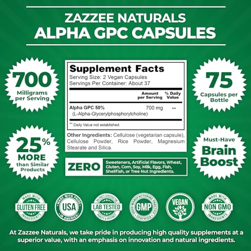 Alpha GPC Choline Extra Forte, 700 mg por Porção, 75 Cápsulas Veganas, Grau Farmacêutico Puro 100%%, Vegetariano 100%%, Padronizado para Potência e Pureza, Tudo-Natural - Zazzee