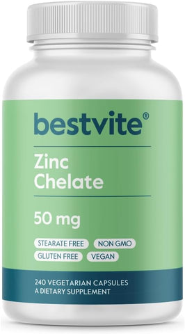 Zinco Quelato 50mg (240 Cápsulas Vegetarianas) – Sem Estearatos – Sem Fosfato Dicálcico – Vegano – Não Transgênico – Sem Glúten - BESTVITE