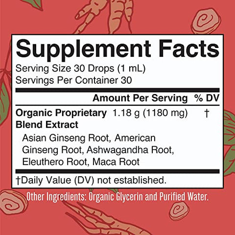Suplemento Herbal para Função Cerebral | Energia | Memória | Vitalidade USDA | Ginseng com Ashwagandha | Eleuthero e Extrato de Raiz de Maca | 30 ml - MaryRuth Organics