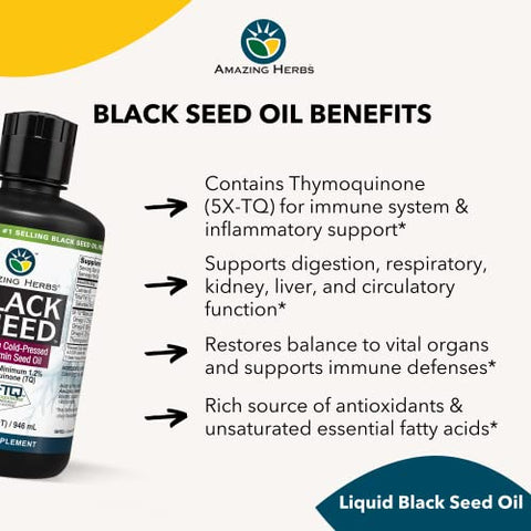 Óleo de Semente de Cominho Preto Premium Amazing Herbs – Extração a Frio de Nigella Sativa Auxilia na Saúde Digestiva, Suporte Imunológico, Função Cerebral, Mobilidade Articular – Sem Glúten, Não Transgênico – 946 ml