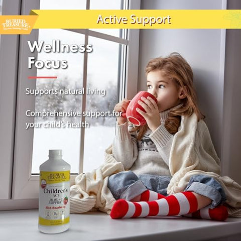 ACF Infantil Avançado Suporte Imunológico, Sabor Cereja, 473ml c/ Copo Dosador, Reforço Imunológico para Crianças, Fórmula Líquida de Imunidade Herbal c/ Vitamina C e Sabugueiro - Buried Treasure