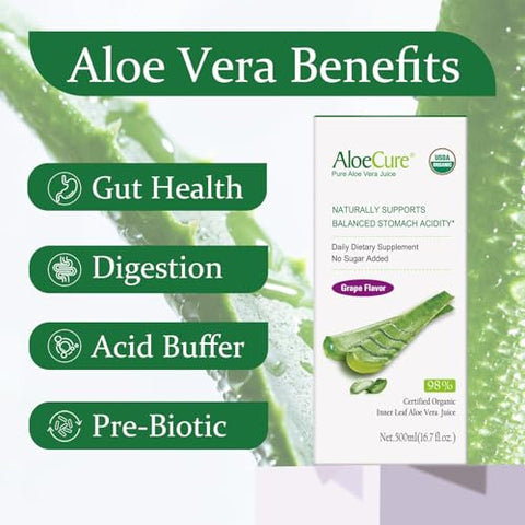 Suco de Aloe Vera Orgânico USDA Sabor Uva – 100% Natural Digestivo – 12 Horas Após Colheita - AloeCure