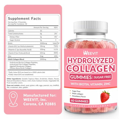 WEEVIT - Gomas de Colágeno Sem Açúcar para Mulheres, 2000mg Tipo I,II,III,V,X de Proteína com 5000mcg de Biotina Vitamina C D B12, Gomas de Peptídeos de Colágeno Hidrolisado para Imunidade Digestão Pele Cabelo