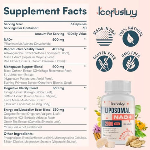 IcarusIvy - 2000MG Liposomal NAD para Mulheres – Suplemento NAD com Ashwagandha, Maca e Black Cohosh | Marca em Destaque