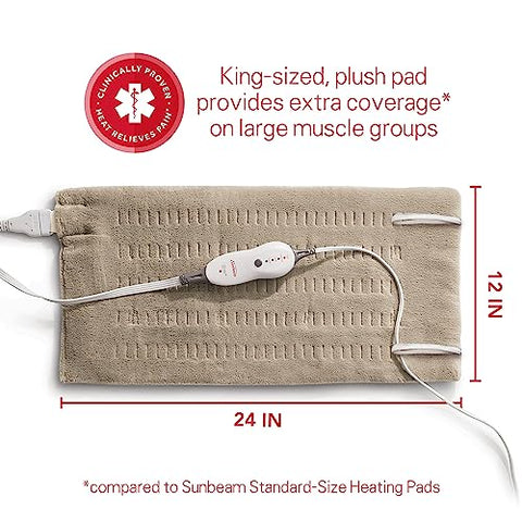 Aquecedor Sunbeam para Alívio de Dor nas Costas, Pescoço, Cólicas Menstruais e Ombros com Armazenamento Compacto e Desligamento Automático, XL Grande 12 x 24, Bege