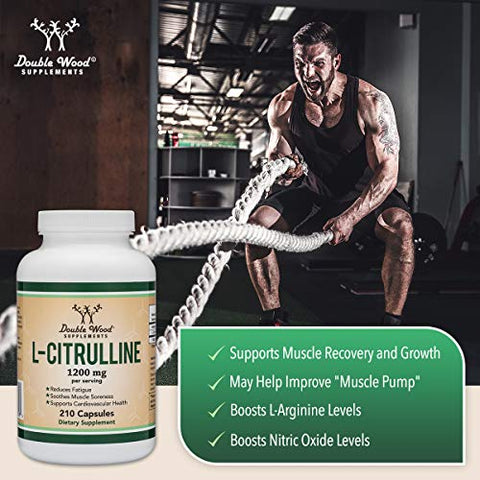 Double Wood Supplements - L Citrulline Capsules 1,200mg por Porção, 210 Unidades (Aumenta os Níveis de L-Arginina, Potencializa Óxido Nítrico) Suplemento para Recuperação Muscular e Melhora Muscular