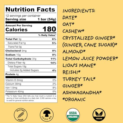 WISE BAR - Wise Bar – Barras Nutricionais de Cogumelos Adaptogênicos, Sabor Limão e Gengibre, 12 Unidades, Dose Diária de 3.000mg de Cogumelos Funcionais e Adaptógenos por Barra, Orgânico, Vegano e Livre de Glúten