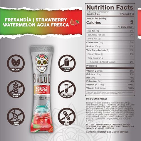 Taste Salud - Salud Energético em Pó 2 em 1, Morango Melancia, Cafeína Orgânica, B6 B12, Teanina, Sachês de Energia Limpa, Mistura de Água Fresca Fresandia, Não-OGM, Sem Glúten