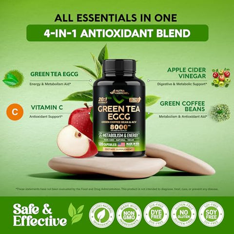 NUTRAHARMONY - Extrato de Chá Verde em Cápsulas 8000 mg – com Grãos de Café Verde | Marca: Green Tea Extract Capsules