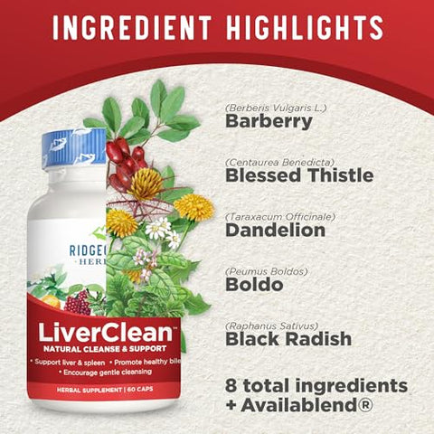 RidgeCrest Herbals - Ridgecrest Herbals LiverClean – Suporte Herbal para o Fígado, Cardo Abençoado, Dente-de-leão, Desintoxicação, Limpeza, Bile Saudável (60 Cáps, 30 Porções)