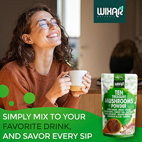 WIXAR NATURALS - Wixar Pó de Cogumelo – Mistura de Extrato de Dez Tesouros de Cogumelos para Café