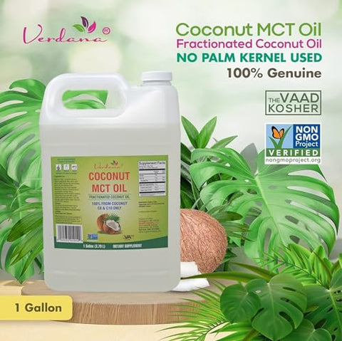 Óleo de Coco Verdana MCT Fracionado 100%% Puro – 1 Galão (3,785 litros) – Grau Alimentício Kosher, Vegano, Não-OGM – Ideal para Dietas Keto e Paleo, Enxaguante Bucal de Óleo para Oil Pulling (128 ml)