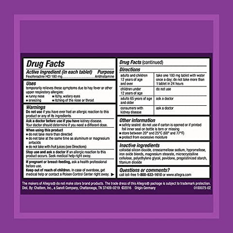 Adult 24HR Antialérgico Não Sonolento, 30 Comprimidos, Alívio Rápido dos Sintomas de Alergia, 180 mg - Allegra